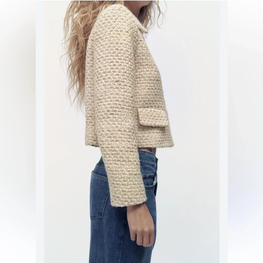 ZARA TWEED STRUCTURED SHORT BLAZER WOOL BLEND LIMITED EDITION -Tan Beige Small